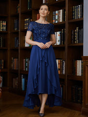Aimishang A-Line/Princess Chiffon Applique Bateau Short Sleeves Asymmetrical Mother of the Bride Dresses