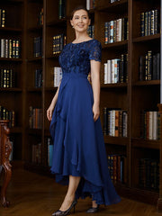 Aimishang A-Line/Princess Chiffon Applique Bateau Short Sleeves Asymmetrical Mother of the Bride Dresses