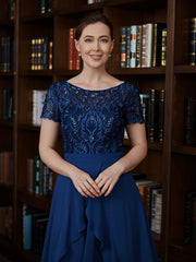 Aimishang A-Line/Princess Chiffon Applique Bateau Short Sleeves Asymmetrical Mother of the Bride Dresses