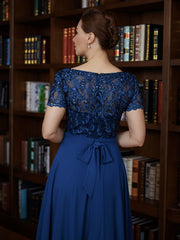 Aimishang A-Line/Princess Chiffon Applique Bateau Short Sleeves Asymmetrical Mother of the Bride Dresses