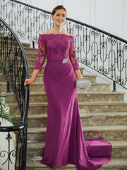 Aimishang Sheath/Column Chiffon Applique Off-the-Shoulder 3/4 Sleeves Sweep/Brush Train Mother of the Bride Dresses