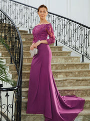 Aimishang Sheath/Column Chiffon Applique Off-the-Shoulder 3/4 Sleeves Sweep/Brush Train Mother of the Bride Dresses