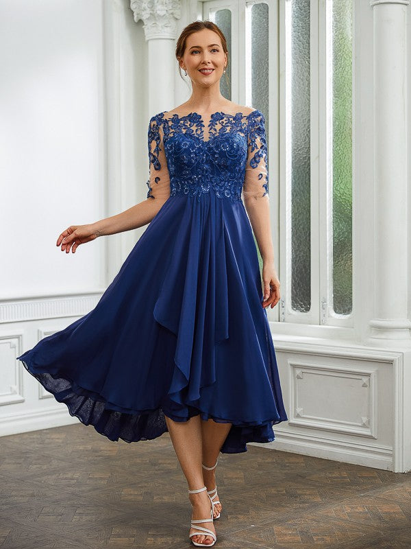 Aimishang A-Line/Princess Chiffon Applique Bateau 1/2 Sleeves Tea-Length Mother of the Bride Dresses