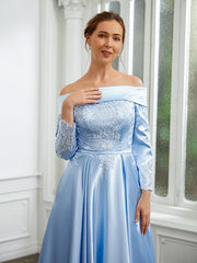 Aimishang A-Line/Princess Woven Satin Ruched Off-the-Shoulder Long Sleeves Tea-Length Mother of the Bride Dresses