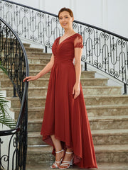 Aimishang A-Line/Princess Chiffon Ruched V-neck Short Sleeves Asymmetrical Mother of the Bride Dresses