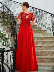 Aimishang A-Line/Princess Chiffon Applique Scoop Short Sleeves Sweep/Brush Train Mother of the Bride Dresses