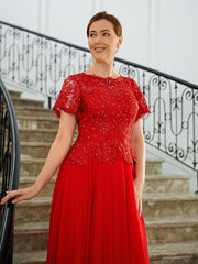 Aimishang A-Line/Princess Chiffon Applique Scoop Short Sleeves Sweep/Brush Train Mother of the Bride Dresses