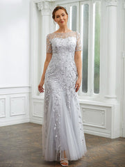 Aimishang A-Line/Princess Tulle Ruched Bateau Short Sleeves Ankle-Length Mother of the Bride Dresses