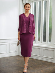 Aimishang Sheath/Column Chiffon Applique V-neck Sleeveless Tea-Length Mother of the Bride Dresses