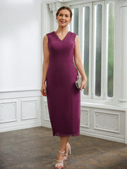 Aimishang Sheath/Column Chiffon Applique V-neck Sleeveless Tea-Length Mother of the Bride Dresses