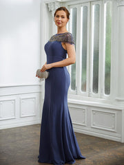 Aimishang Sheath/Column Chiffon Beading Bateau Short Sleeves Floor-Length Mother of the Bride Dresses
