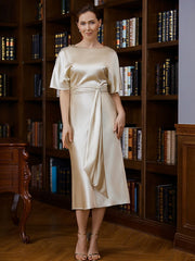 Aimishang Sheath/Column Woven Satin Ruched Scoop Short Sleeves Tea-Length Mother of the Bride Dresses