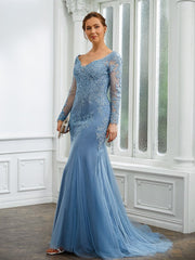 Aimishang Sheath/Column Tulle Applique V-neck Long Sleeves Sweep/Brush Train Mother of the Bride Dresses
