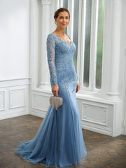 Aimishang Sheath/Column Tulle Applique V-neck Long Sleeves Sweep/Brush Train Mother of the Bride Dresses