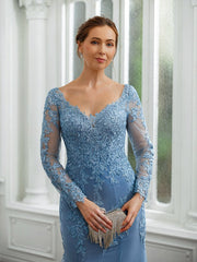 Aimishang Sheath/Column Tulle Applique V-neck Long Sleeves Sweep/Brush Train Mother of the Bride Dresses