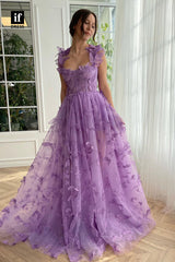 34140 - Classic A-Line Straps Appliques Sleeveless Prom Formal Party Dress with Slit