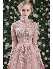 A-Line Cut Out Floral Prom Formal Evening Dress High Neck Long Sleeve Floor Length with Embroidery