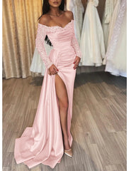Mermaid Black Dress Evening Gown Sparkle & Shine Dress Formal Wedding Party Court Train Long Sleeve Off Shoulder Fall Wedding Reception Satin with Ruched Sequin Slit