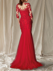 Aimishang  Mermaid / Trumpet Mother of the Bride Dress Luxurious Elegant V Neck Sweep / Brush Train Lace Tulle Half Sleeve with Pleats Appliques