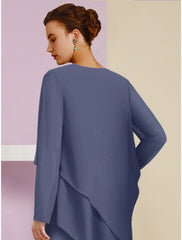 Aimishang  A-Line Mother of the Bride Dress Wedding Guest Elegant Square Neck Ankle Length Chiffon Long Sleeve with Crystal Brooch Ruching