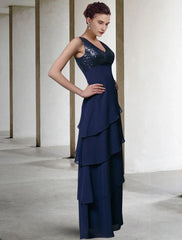 Aimishang A-Line Mother of the Bride Dress Elegant V Neck Floor Length Chiffon Sequined Sleeveless Wrap Included with Sequin Ruffles
