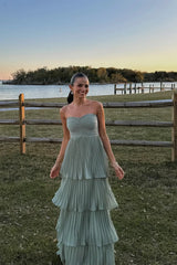 Aimishang Strapless Pink Chiffon Pleated Tiered Maxi Dress Long Prom Dress Charming Evening Party Dress