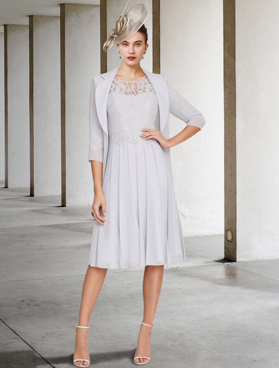 Aimishang  Two Piece A-Line Mother of the Bride Dress Church Elegant V Neck Knee Length Satin Lace Half Sleeve Jacket Dresses with Pleats