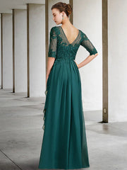 A-Line Mother of the Bride Dress Luxurious Elegant Jewel Neck Floor Length Chiffon Lace Half Sleeve with Pleats Beading