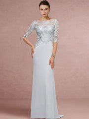 Sheath / Column Mother of the Bride Dress Wedding Guest Vintage Elegant Scoop Neck Sweep / Brush Train Chiffon Lace Half Sleeve with Sequin