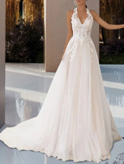 Wholesale Beach Open Back Wedding Dresses A-Line Halter Neck Sleeveless Court Train Lace Bridal Gowns With Pleats Appliques