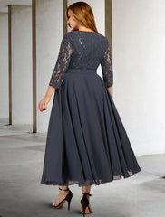 Aimishang  A-Line Mother of the Bride Dresses Plus Size Hide Belly Curve Elegant Dress Formal Tea Length 3/4 Length Sleeve Jewel Neck Chiffon with Pleats