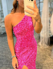 Sexy Prom Dresses Sparkle & Shine High Split Formal Evening Dress Mermaid One Shoulder Sleeveless Sweep / Brush Train Sequined with Sequin