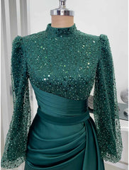Aimishang A-Line Evening Gown Champagne Christmas Elegant Dress Formal Sweep / Brush Train Long Sleeve High Neck Satin with Glitter Pleats Ruched