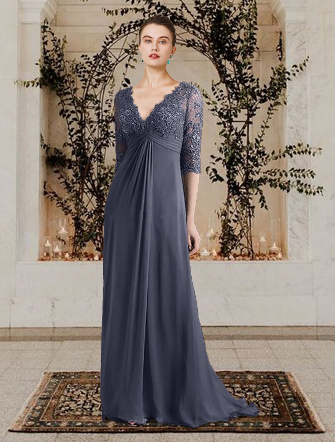 Aimishang  A-Line Mother of the Bride Dress Elegant V Neck Sweep / Brush Train Chiffon Lace Half Sleeve with Appliques
