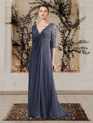 Aimishang  A-Line Mother of the Bride Dress Elegant V Neck Sweep / Brush Train Chiffon Lace Half Sleeve with Appliques