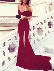 A-Line Evening Gown Elegant Dress Formal Court Train Short Sleeve Off Shoulder Stretch Fabric with Pleats Slit