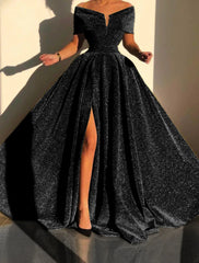 A-Line Evening Gown Sparkle & Shine Dress Formal Fall Court Train Sleeveless Off Shoulder Sequined with Sequin Slit