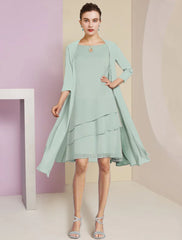 Aimishang  Two Piece A-Line Mother of the Bride Dress Formal Wedding Guest Elegant Scoop Neck Knee Length Chiffon 3/4 Length Sleeve with Tier