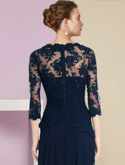 Aimishang A-Line Mother of the Bride Dress Formal Wedding Guest Elegant Scoop Neck Floor Length Chiffon Lace Half Sleeve with Pleats Appliques Crystal Brooch