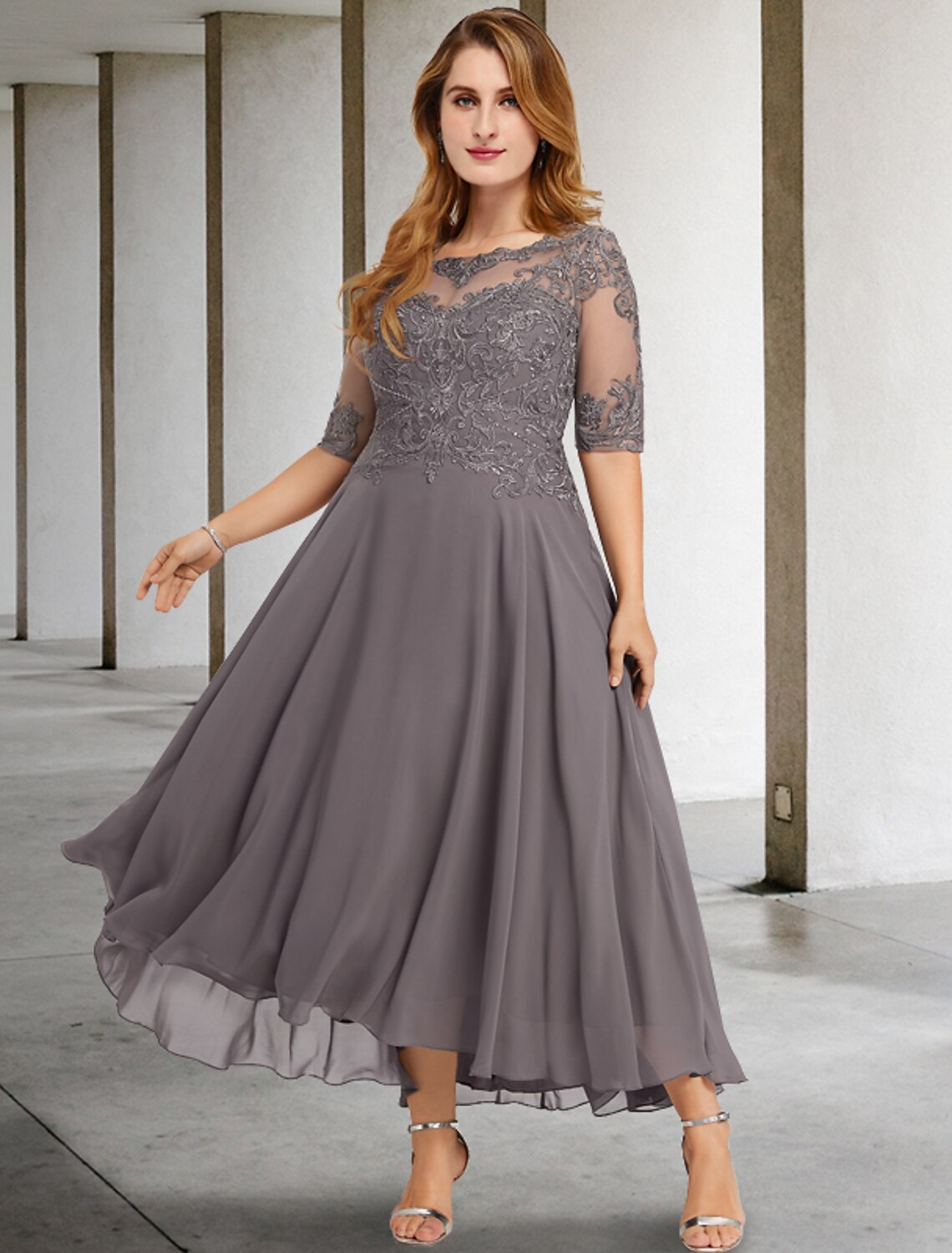 Aimishang A-Line Mother of the Bride Dresses Plus Size Hide Belly Curve Elegant Dress Formal Asymmetrical Half Sleeve Jewel Neck Chiffon with Beading Appliques