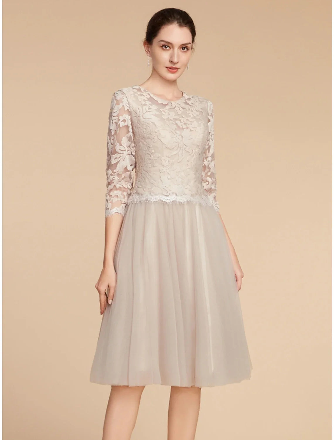 Aimishang A-Line Mother of the Bride Dress Wedding Guest Elegant Petite Jewel Neck Knee Length Lace Tulle Half Sleeve with Pleats Solid Color