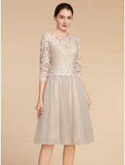 Aimishang A-Line Mother of the Bride Dress Wedding Guest Elegant Petite Jewel Neck Knee Length Lace Tulle Half Sleeve with Pleats Solid Color