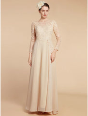 Aimishang  A-Line Mother of the Bride Dress Wedding Guest Elegant Jewel Neck Ankle Length Chiffon Lace Long Sleeve with Ruching Solid Color