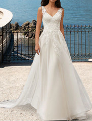 Wholesale Beach Open Back Wedding Dresses A-Line V Neck Sleeveless Court Train Lace Bridal Gowns With Appliques