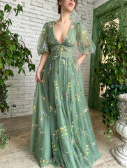 A-Line Prom Dresses Elegant Dress Wedding Guest Wedding Party Floor Length Short Sleeve V Neck Lace with Appliques Strappy
