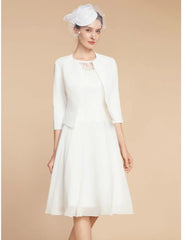 Aimishang  Two Piece A-Line Mother of the Bride Dress Wedding Guest Elegant Petite Jewel Neck Knee Length Chiffon Lace 3/4 Length Sleeve with Pleats Solid Color
