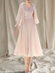 Aimishang  Two Piece A-Line Mother of the Bride Dress Wedding Guest Church Elegant V Neck Tea Length Chiffon Sleeveless Wrap Included with Appliques