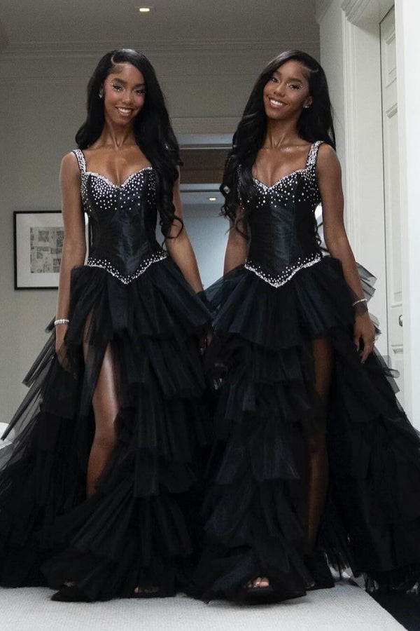 Trendy Black Tulle Side Slit Crystal Straps Prom Dress