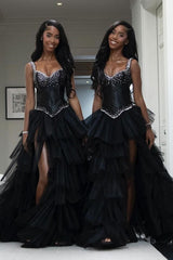 Trendy Black Tulle Side Slit Crystal Straps Prom Dress