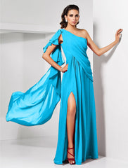 Sheath Christmas Red Green Dress Empire Wedding Guest Formal Evening Dress One Shoulder Sleeveless Floor Length Chiffon with Draping Slit